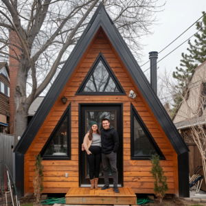 A couple poses in front of their new cost effective A frame home ideal for first time homeowners.