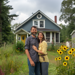 A couple stands proudly by their budget friendly A frame home designed for ease and affordability.
