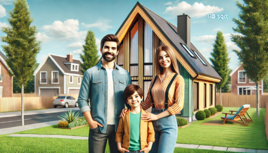 A happy family of three enjoys their front yard in an expansive and economically priced A frame home.