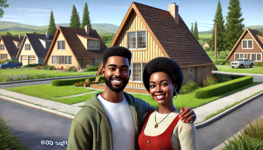 A vibrant young family stands before their spacious A frame home proving that owning a beautiful home is possible for everyone.