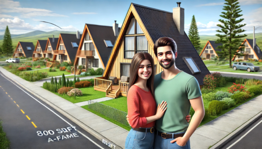A young couple smiles in front of their new A frame home in a lush well landscaped community.