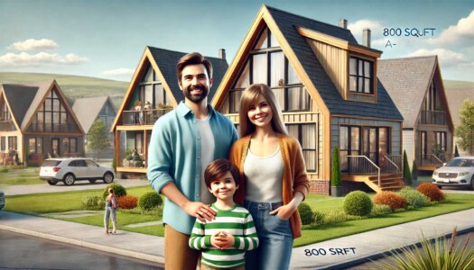 Family of three stands proudly in front of their budget friendly A frame house with ample yard space 1